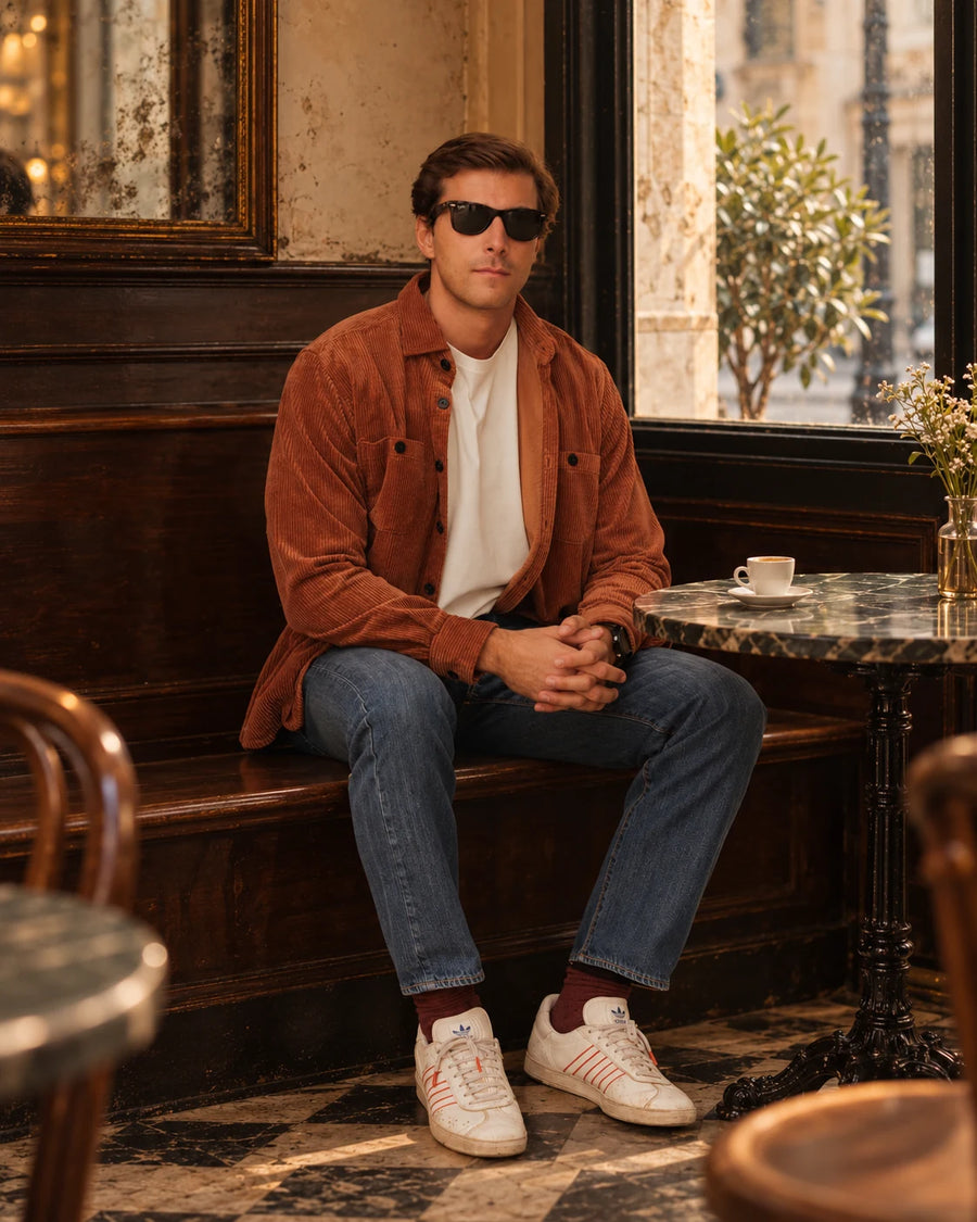 Chiado corduroy overshirt, worn in a café