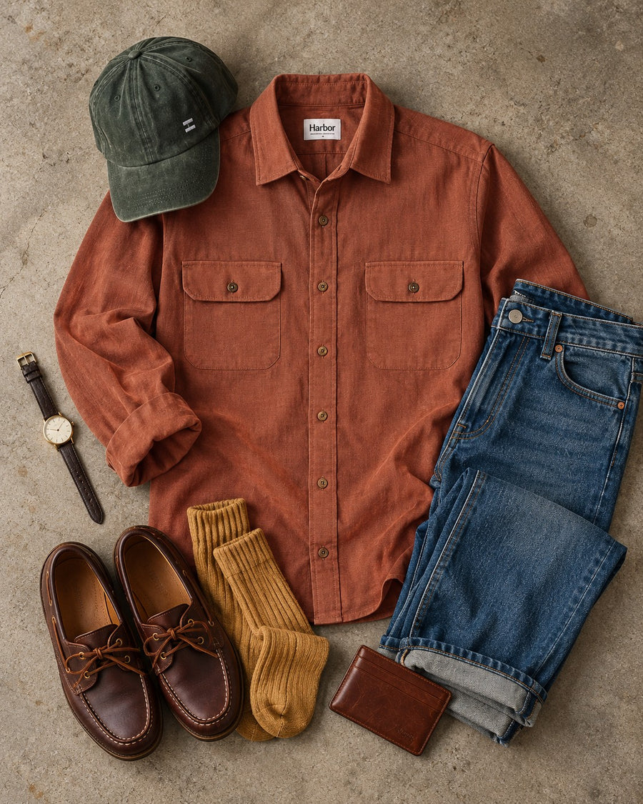 João shirt in terracotta linen, with coffee and everyday accessories